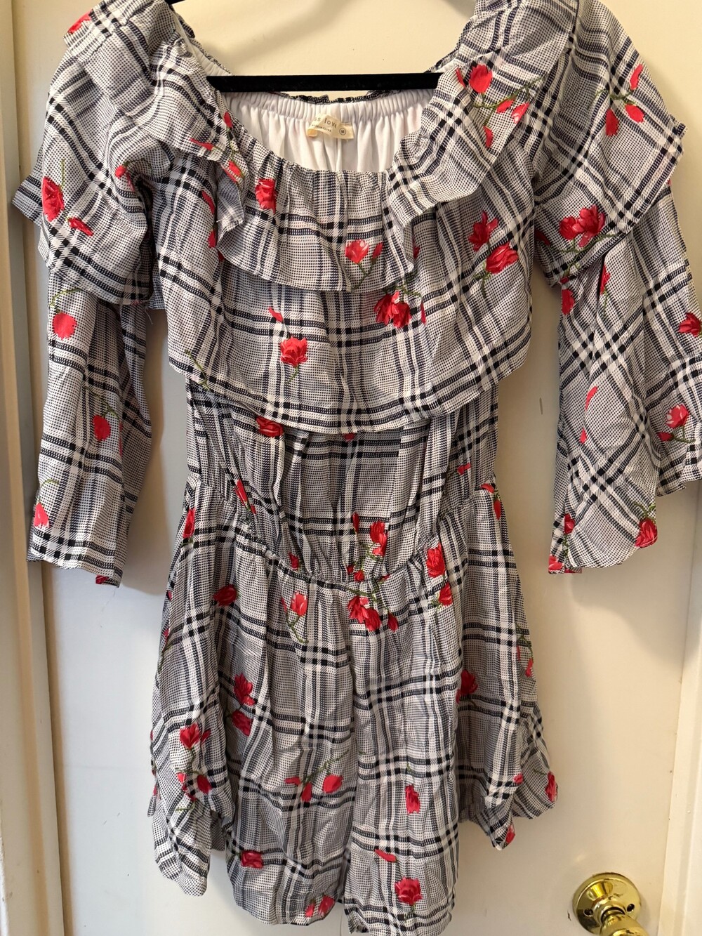 miss love medium romper black white checkered red floral print